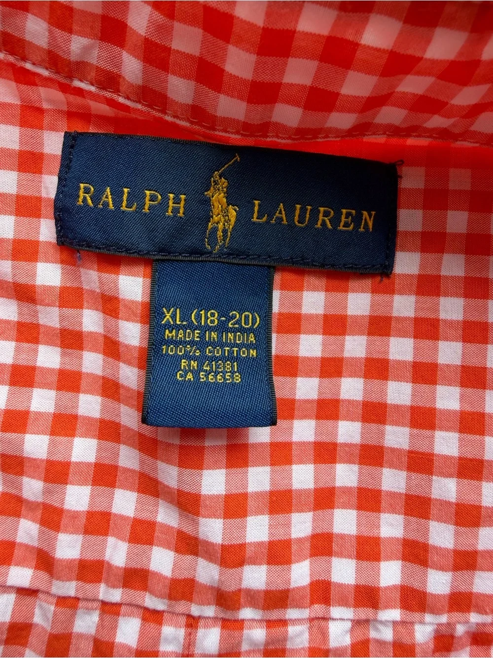 Ralph Lauren Boys Button Down Shirt Orange Gingham Check Sz XL 18-20 Pony Logo